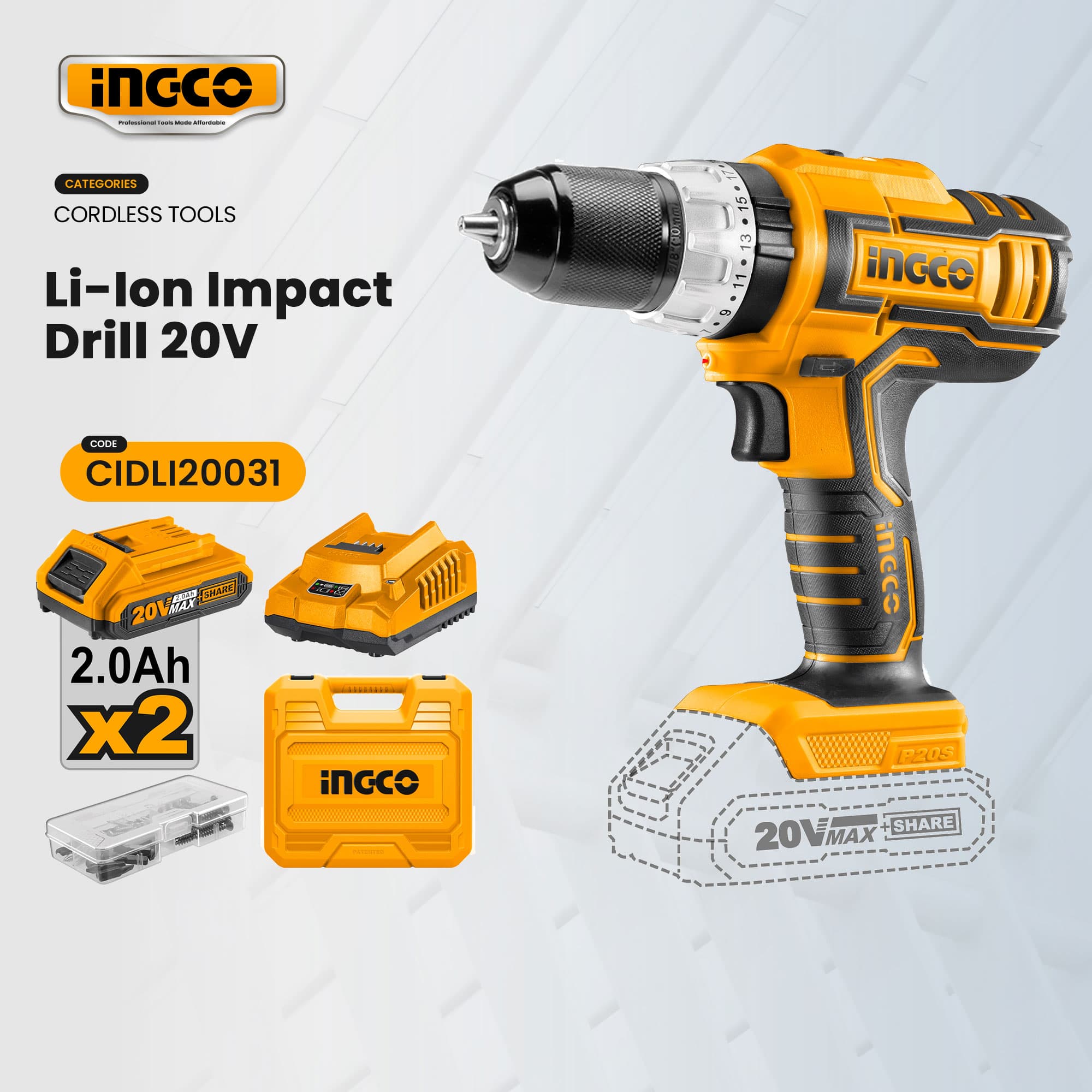 INGCO Lithium-Ion Cordless Impact Hammer Drill 20V 13mm