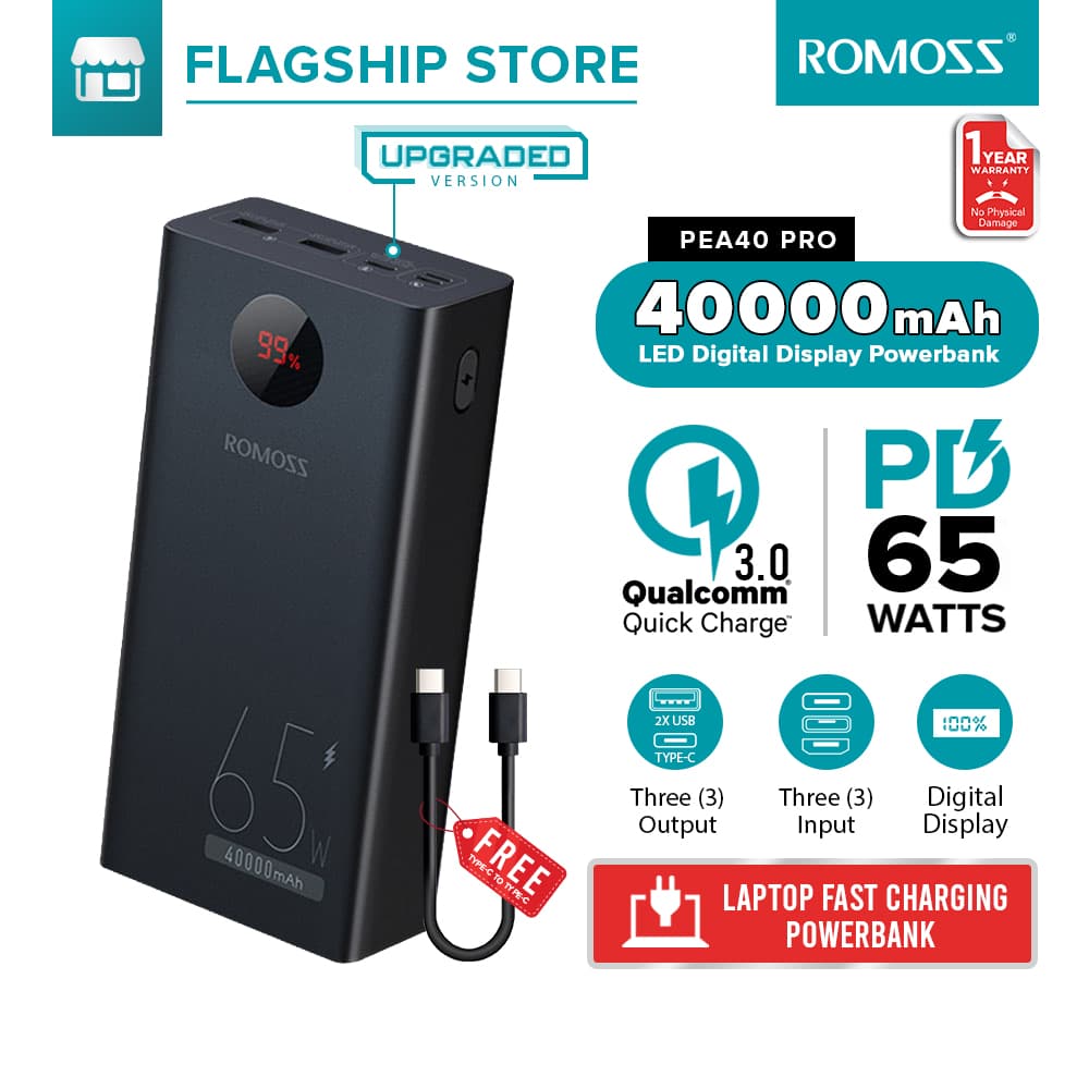 Romoss 40000mAh/60000mAh powerbank PEA40S/PMT60 Laptop PowerBank 65Watts Type-C Quick Charge Original Power Bank Outdoor Mobile Power Supply&Large Capacity Power Bank