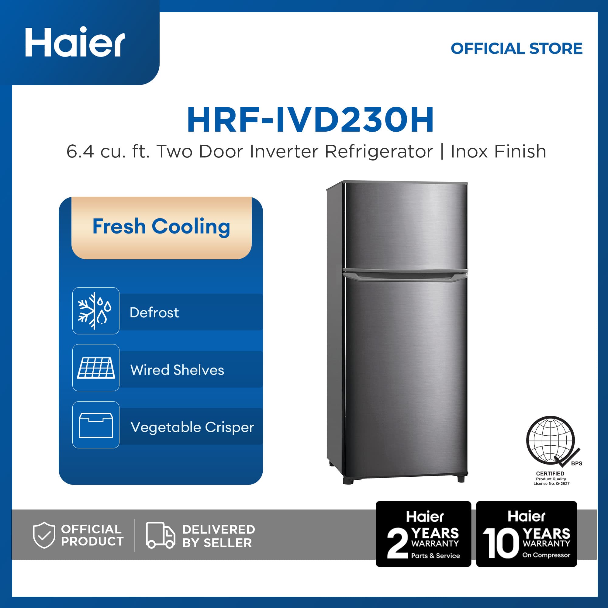 Haier HRF-IVD230H 6.4 cu.ft./181L Fresh Cooling Two Door Direct Cool Inverter Refrigerator (Inox Finish)