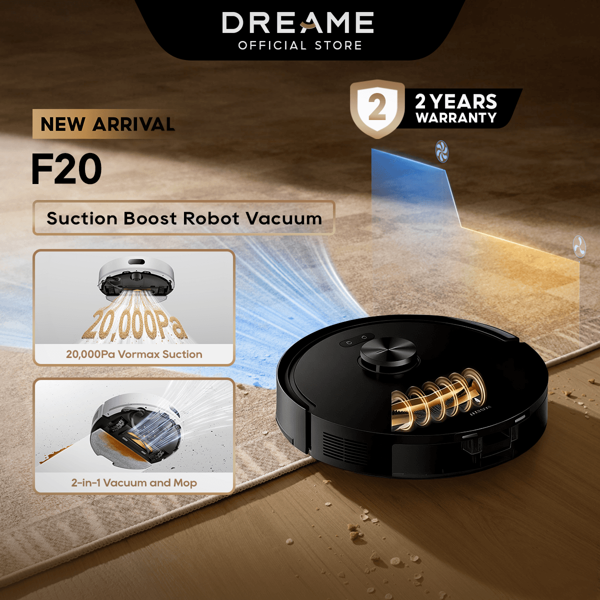 Dreame F20 20,000Pa Powerful Robot Vacuum Mop Edge Cleaning Anti-Tangle Brush Long Runtime