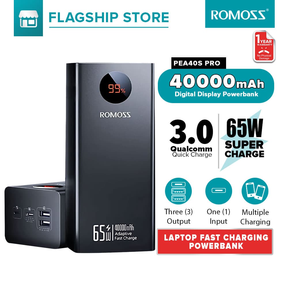 Romoss 40000mAh Power Bank PEA40 Pro 65W/ PEA40PF 22.5W/ PEA40 18W PD/QC3.0 Fast Charging Powerbank Digital Display Dual USB+Type C Output Lightning+Micro+Type C Input Large Cpacity Charging for Laptop Tablet Mobile Phone