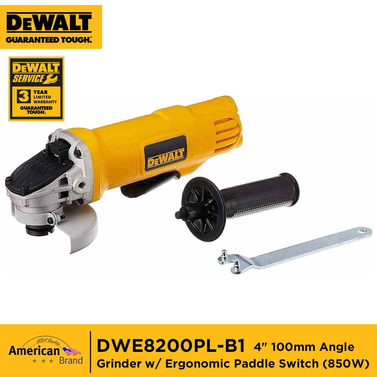 DEWALT DWE8200PL-B1 4" 100mm Angle Grinder with Ergonomic Paddle Switch (850W)