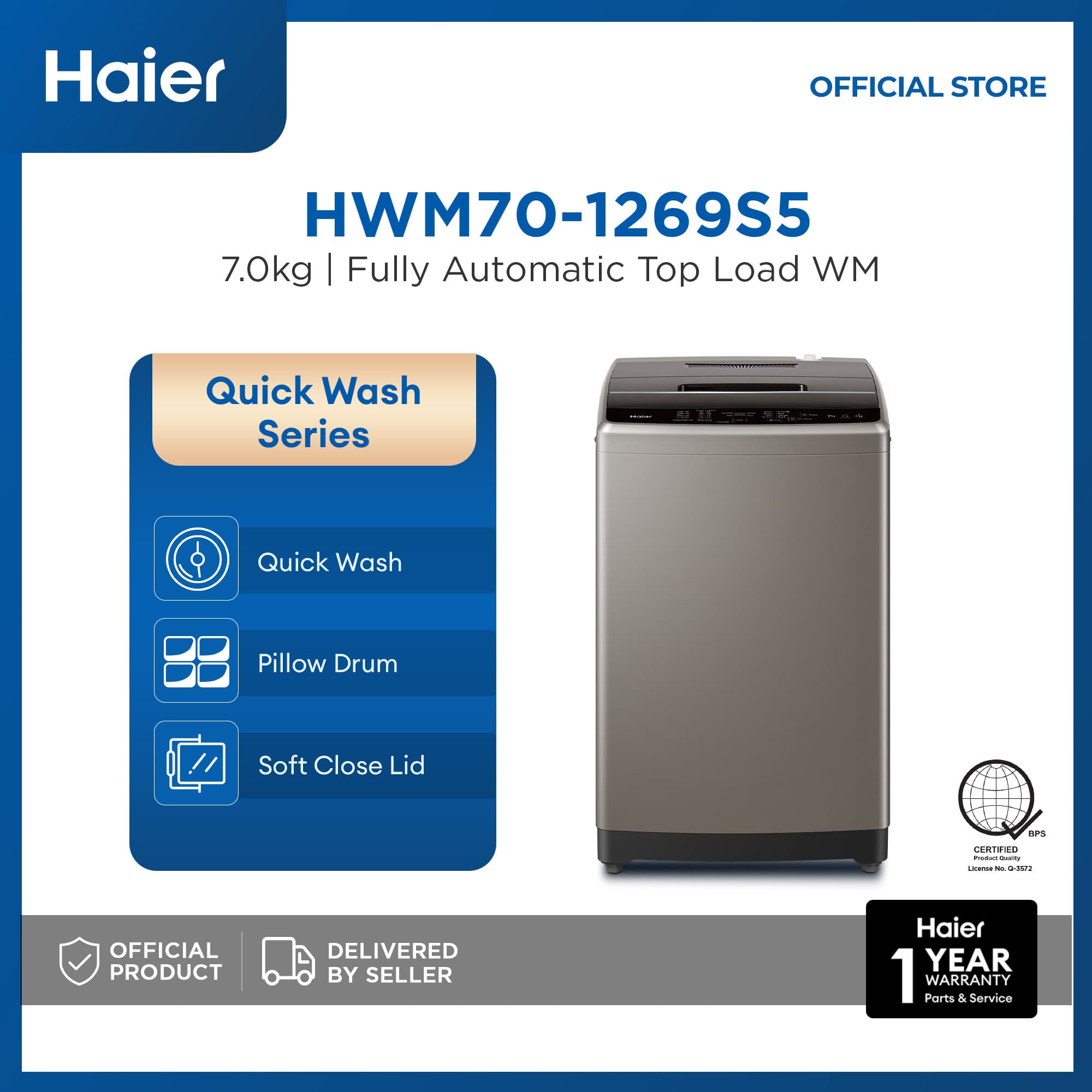 Haier HWM70-1269S5 7kg Quick Wash Fully Automatic Top Load Washing Machine (Brownish Gray)