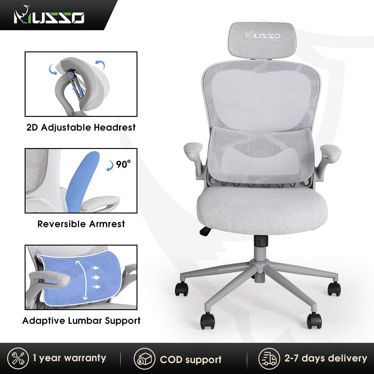MUSSO C10 Ergonomic Chair 2D Headrest and Flip Armrest Ergonomic Office Chair