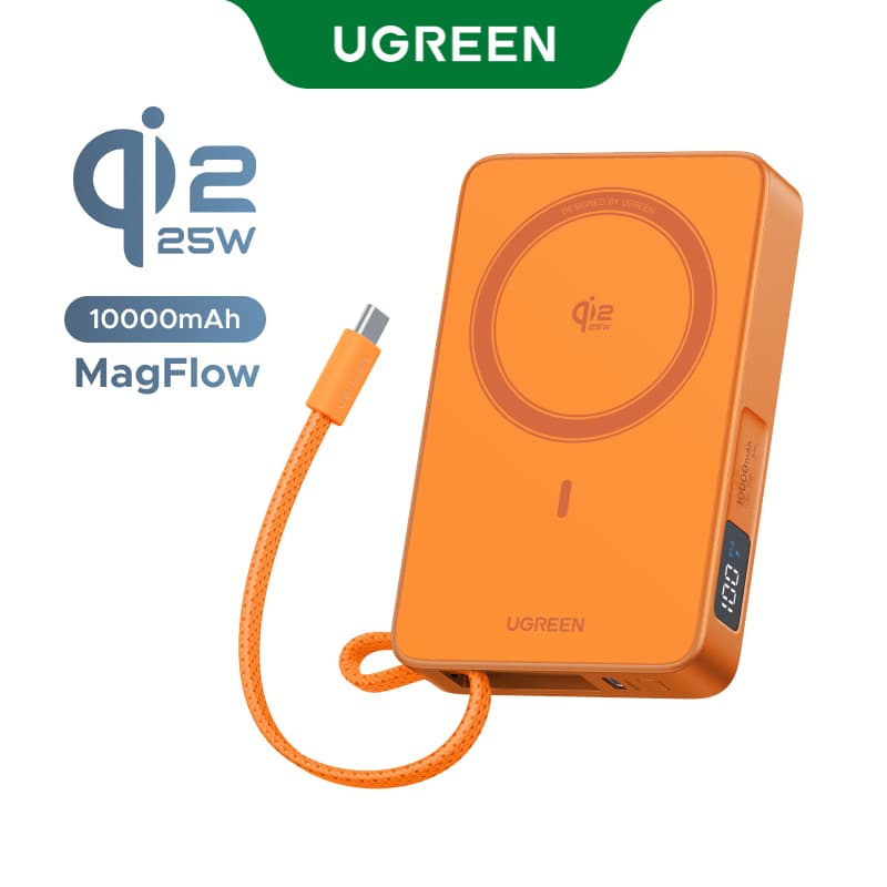 UGREEN Magflow 10000mAh Qi2 25W Magnetic Wireless Charging 30W Wired Fast Charging Powerbank Built in Type-C Cable for iPhone 18 17 pro max 17 pro Air 16e iPhone 16 Pro Max Qi2.2 Version