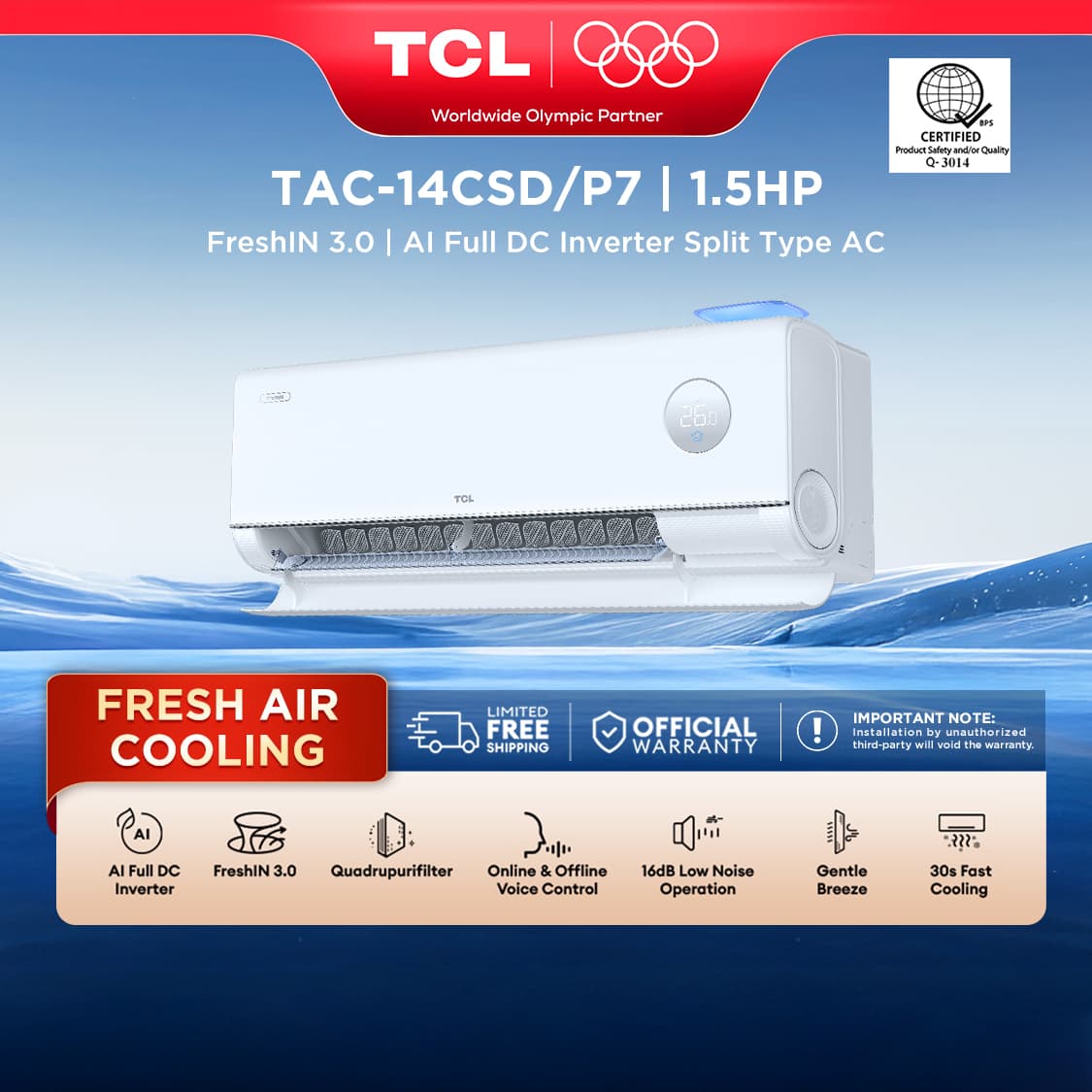 TCL P7 FreshIN 3.0 Series 1/1.5/2HP Split Type Aircon