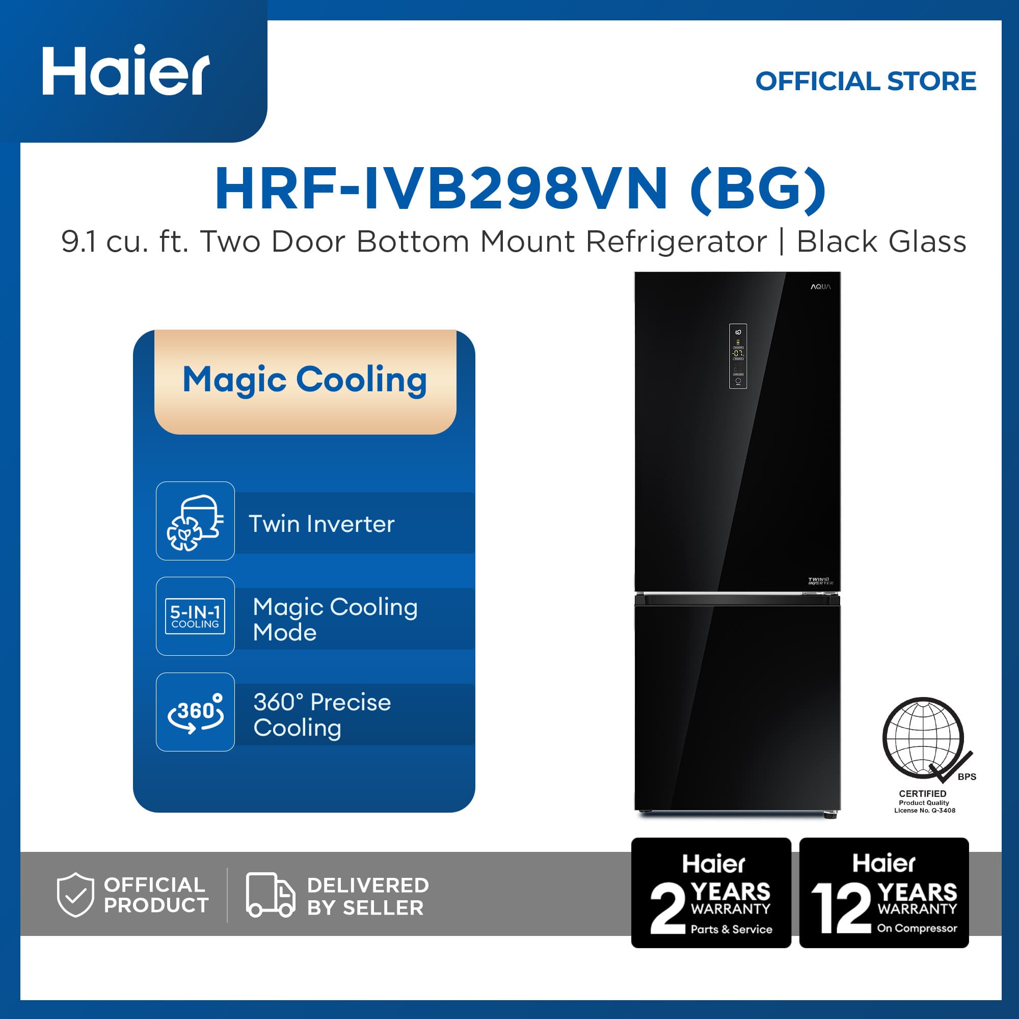Haier HRF-IVB298VN (BG) 9.1 cu.ft./260L Magic Cooling No Frost Bottom Freezer Twin Inverter Two Door Refrigerator (Black Glass)