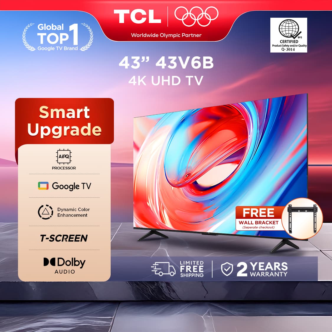 TCL V6B Series 4K UHD Smart Google TV - 43/50/65 inch