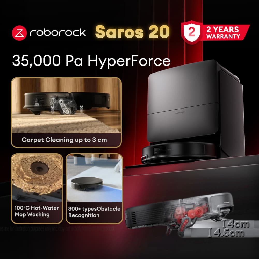 Roborock Saros 20 Robot Vacuum 35000 Pa Hper Force Suction, 7.98cm Slim Design, Dual Anti-Tangle, 3D Navigation, 100°C Hot Water Mop Washing, Industry-First AdaptiLift Chassis 3.0