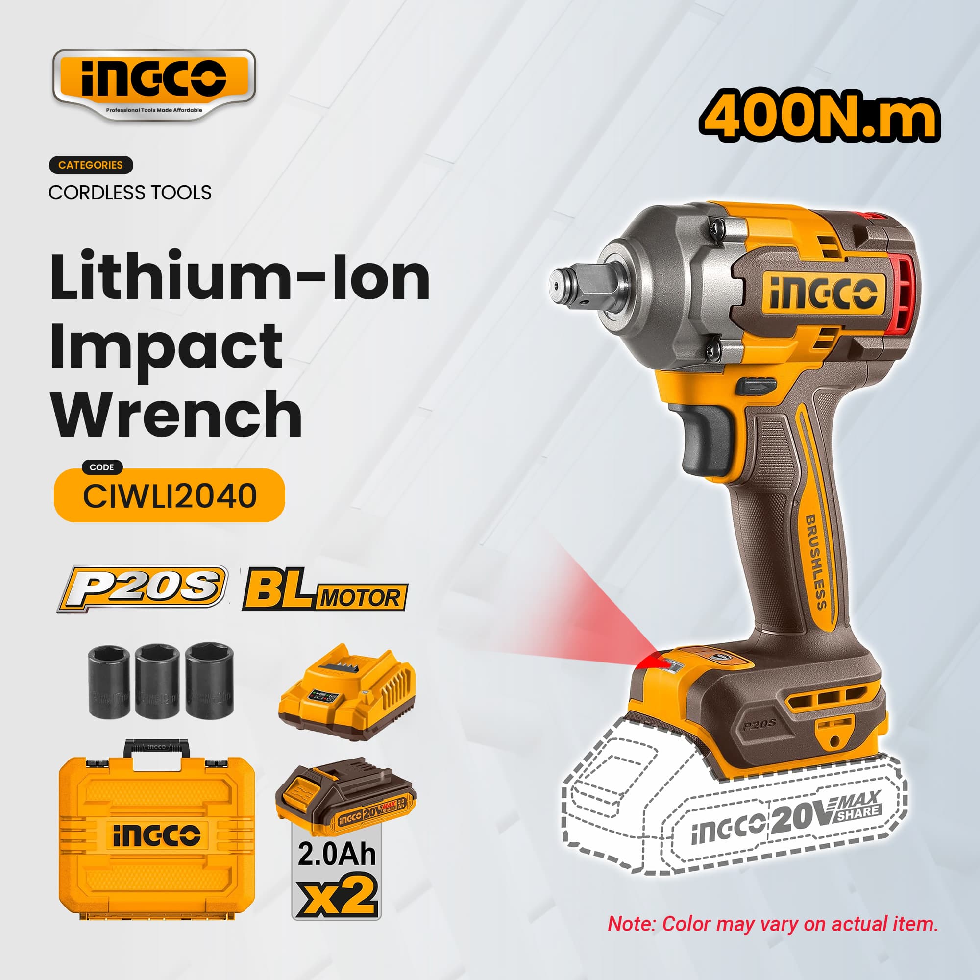 Ingco Cordless 20V Brushless Lithium-Ion Impact Wrench Power Tool For Repairing Car And Bolt Remover ICPT