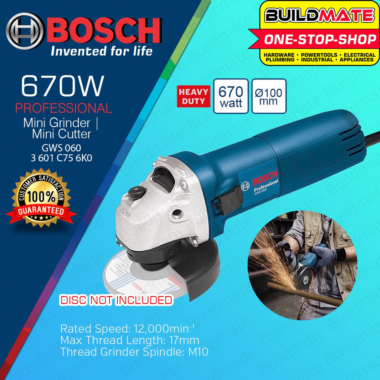 BUILDMATE Bosch 4" Inch Electric Angle Grinder 670W / 710W Mini Grinding Machine Wood Cutting GWS 060 / GWS 700 - COC