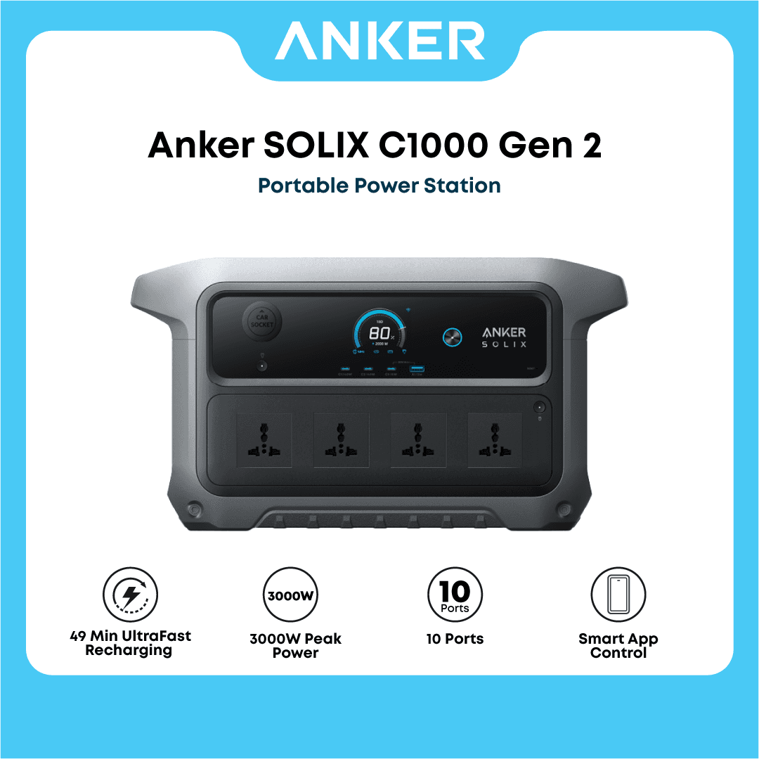 Anker Solix C1000 Gen 2 Portable Power Station, 2,000W (Peak 3,000W) Solar Generator, Full Charge in 49 Min, 1,024Wh LiFePO4 Battery for Home Backup, Power Outages, and Camping
