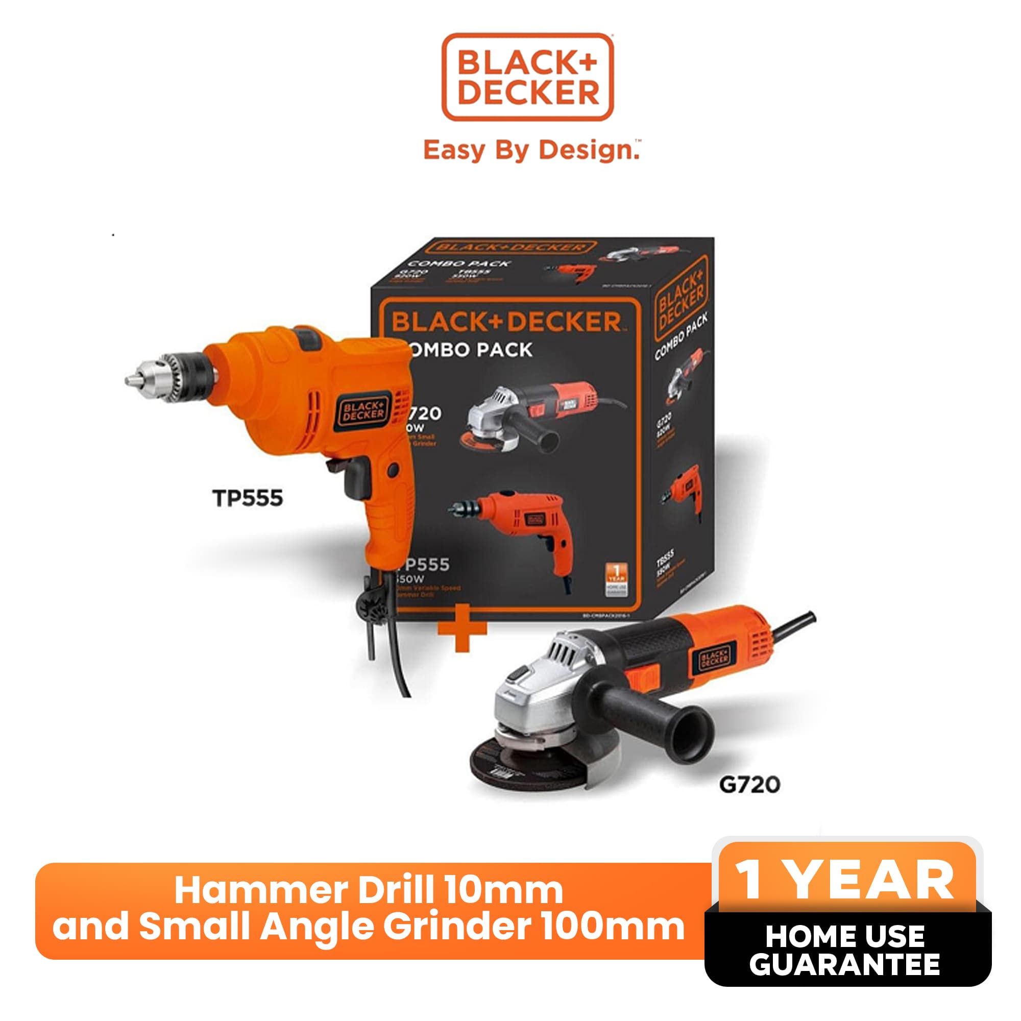 BLACK+DECKER™ Combo Pack: Hammer Drill 10mm 550W (TP555K-B1) and Small Angle Grinder 100mm 820W (G720) - Combo Power Tools