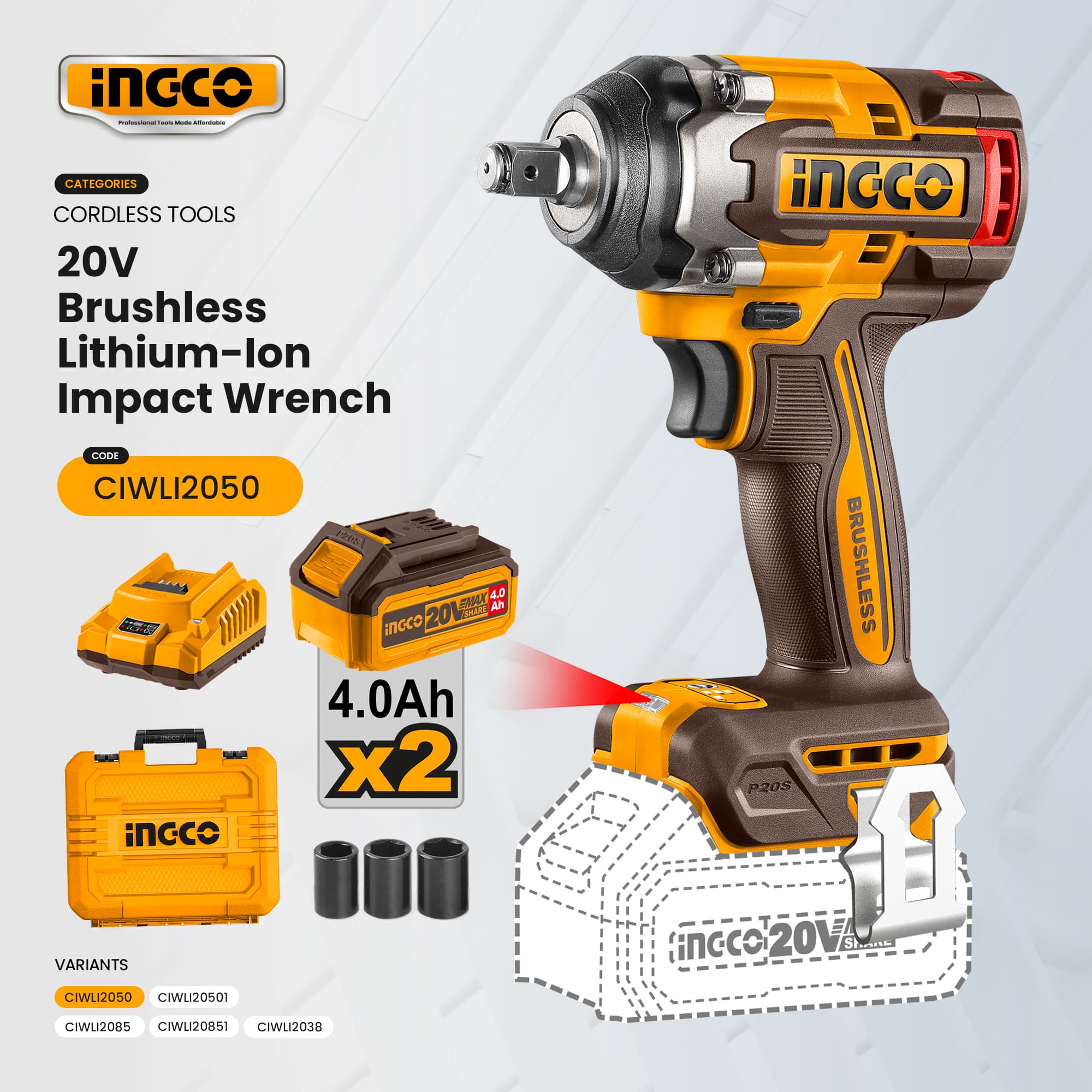 Ingco Cordless 20V Brushless Lithium-Ion Impact Wrench Power Tool For Repairing Car And Bolt Remover ICPT