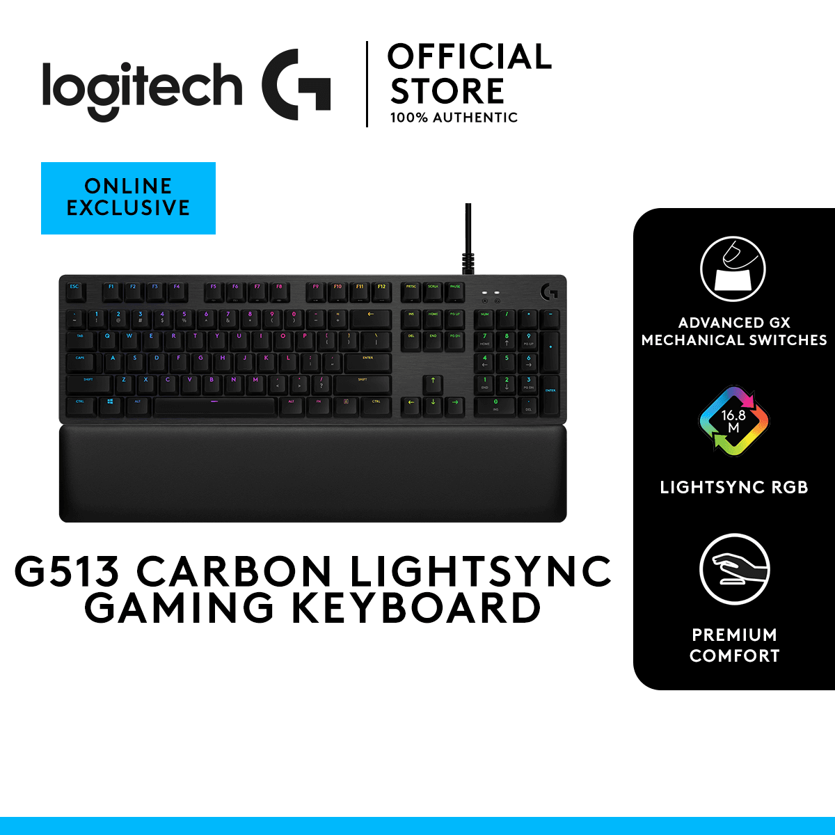 Logitech G513 CARBON LIGHTSYNC RGB Mechanical Gaming Keyboard with GX Brown Switch (920-011070)