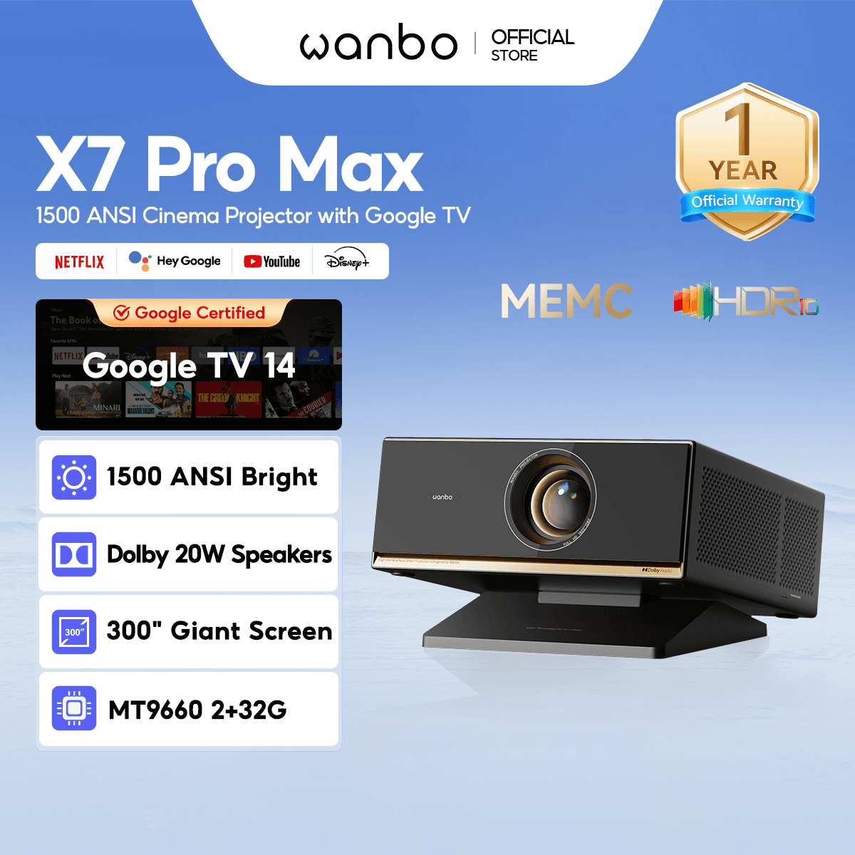 [Upgraded] Wanbo X7 Pro Max 1500ANS Smart Projector 4K Google TV MEMC HDR10 Support 4K Full HD ASA 3.0 Google Voice Assistant Home Cinema