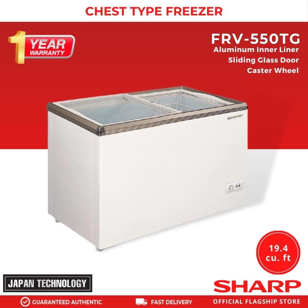 Sharp FRV-550TG Chest Freezer 19.4 cuft Aluminum Inner Liner Sliding Glass Door Caster Wheel