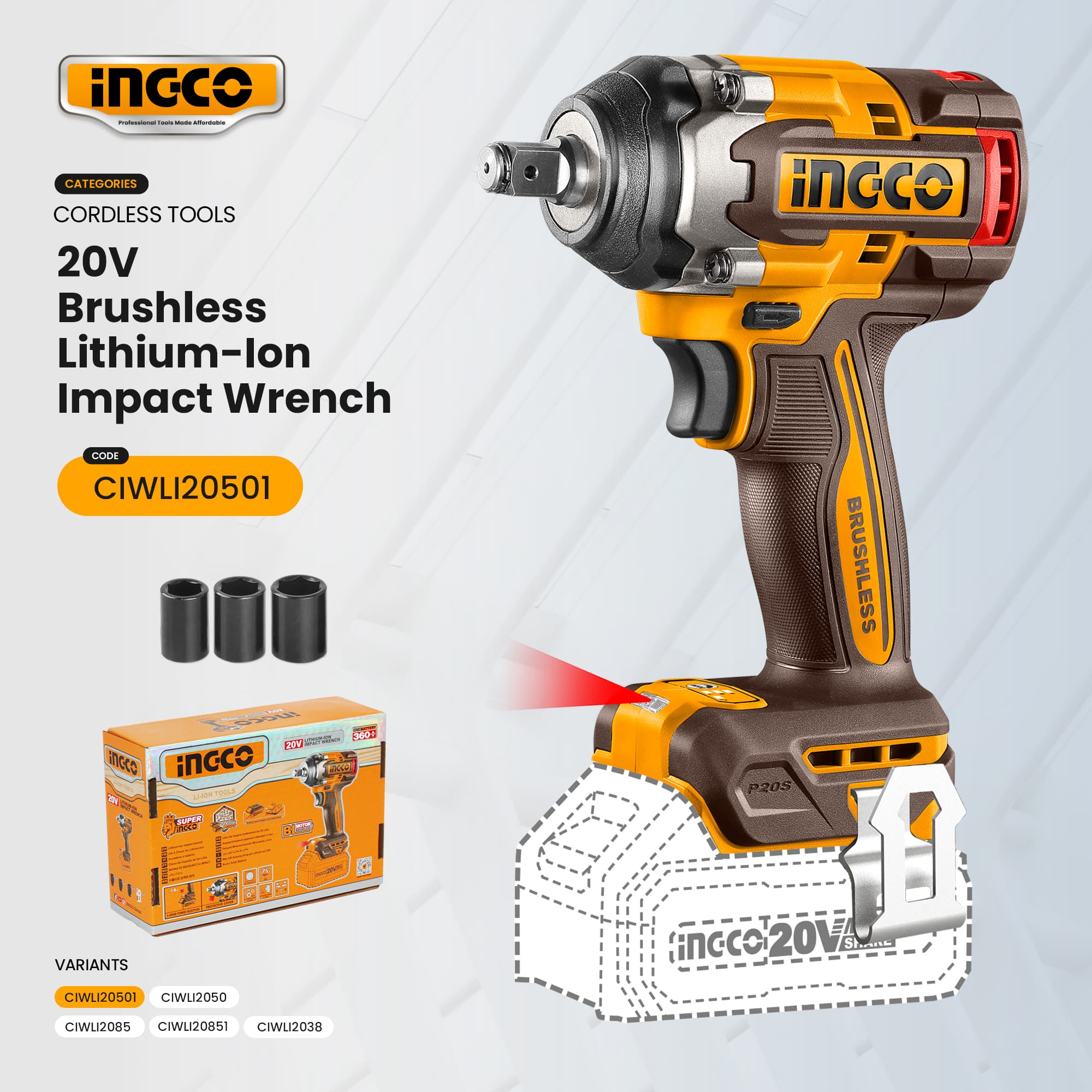 Ingco Cordless 20V Brushless Lithium-Ion Impact Wrench Power Tool For Repairing Car And Bolt Remover ICPT