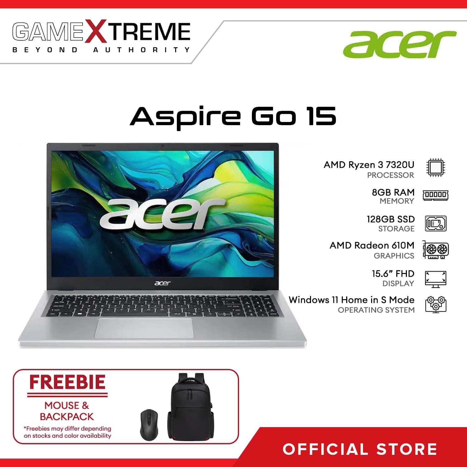 Acer Aspire Go 15 AI Laptop 15.6" FHD Ryzen 3 7320U 8GB LPDDR5 RAM / 128GB PCIe SSD AMD Radeon 610M Graphics Win 11 Home S Mode Silver AG15-21P-R5YG