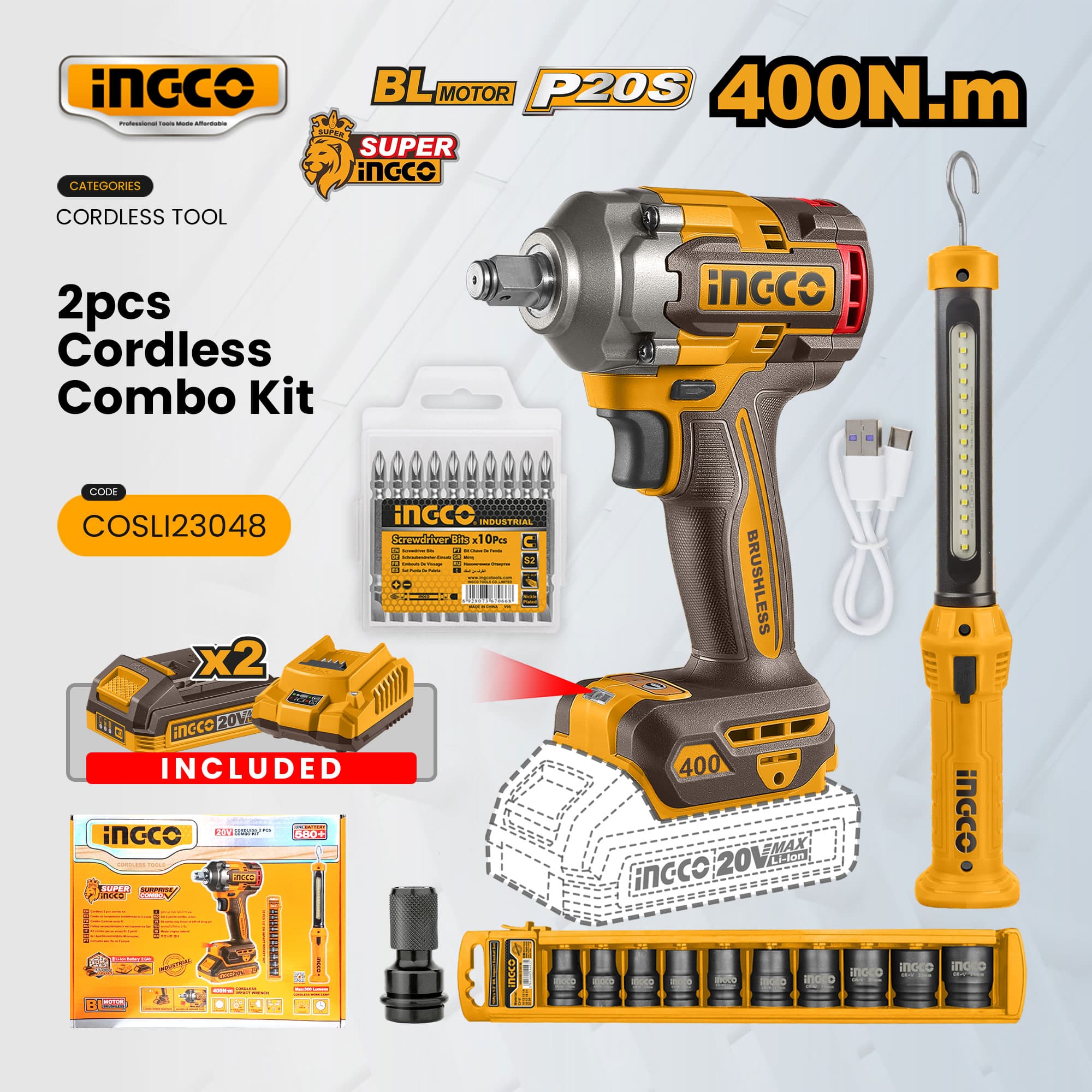 Ingco 300/400Nm Brushless Cordless Impact Wrench & LED Work Lamp Combo Kit With Batteries & Charger Power Tool Set ICPT