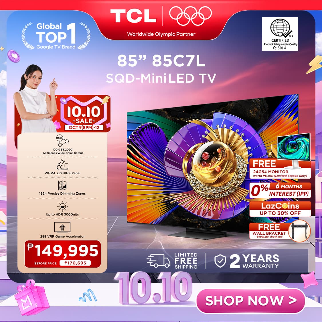 TCL C7L 4K SQD-MiniLED Google TV - 55/65/75/85 inch
