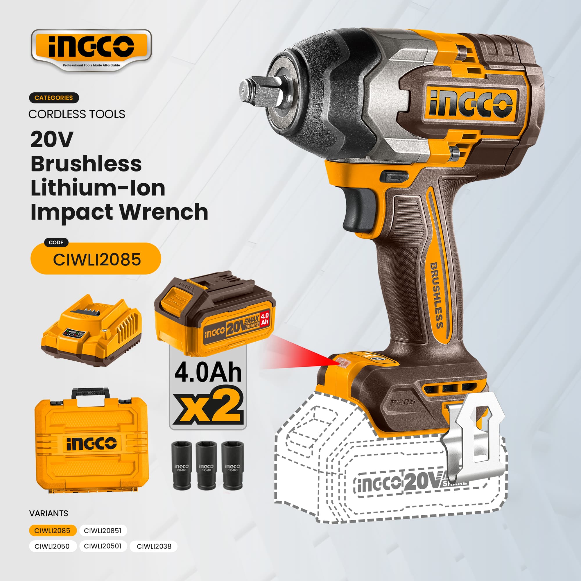 Ingco Cordless 20V Brushless Lithium-Ion Impact Wrench Power Tool For Repairing Car And Bolt Remover ICPT