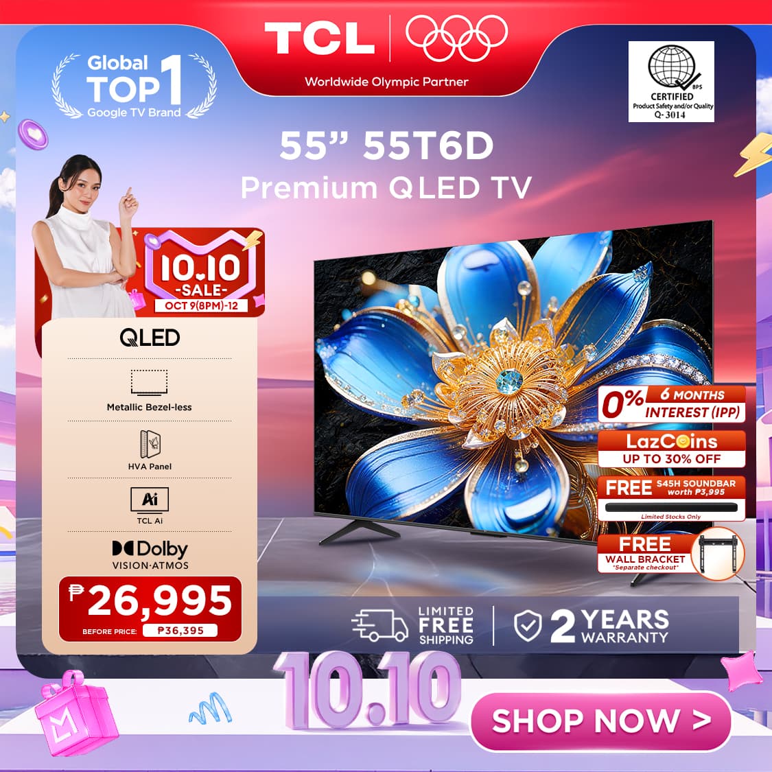 TCL [NEWEST LAUNCH] T6D Series 4K QLED Google TV - 55/65 inch