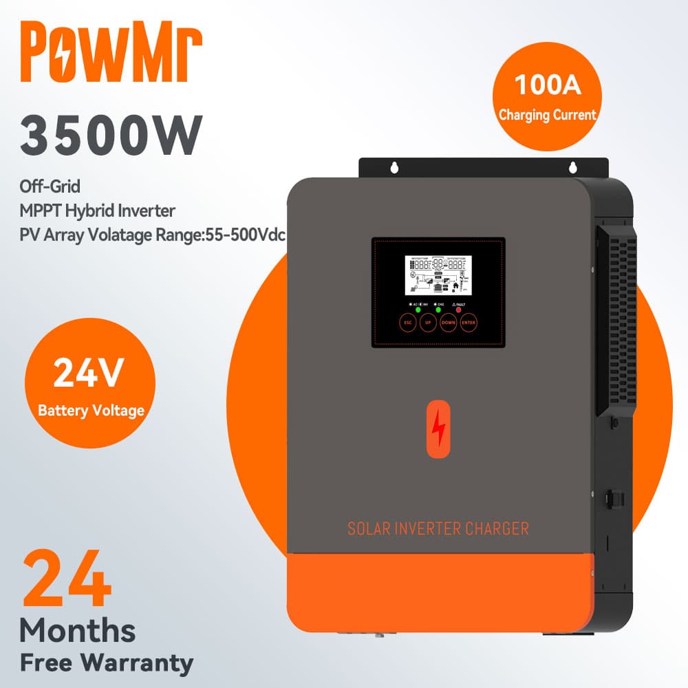 PowMr 3.5KW Hybrid Solar Inverter 230Vac PV Start Voltage 30Voc Built In 100A MPPT Solar Charge Controller 50/60Hz Auto Pure Sine Wave Inverter