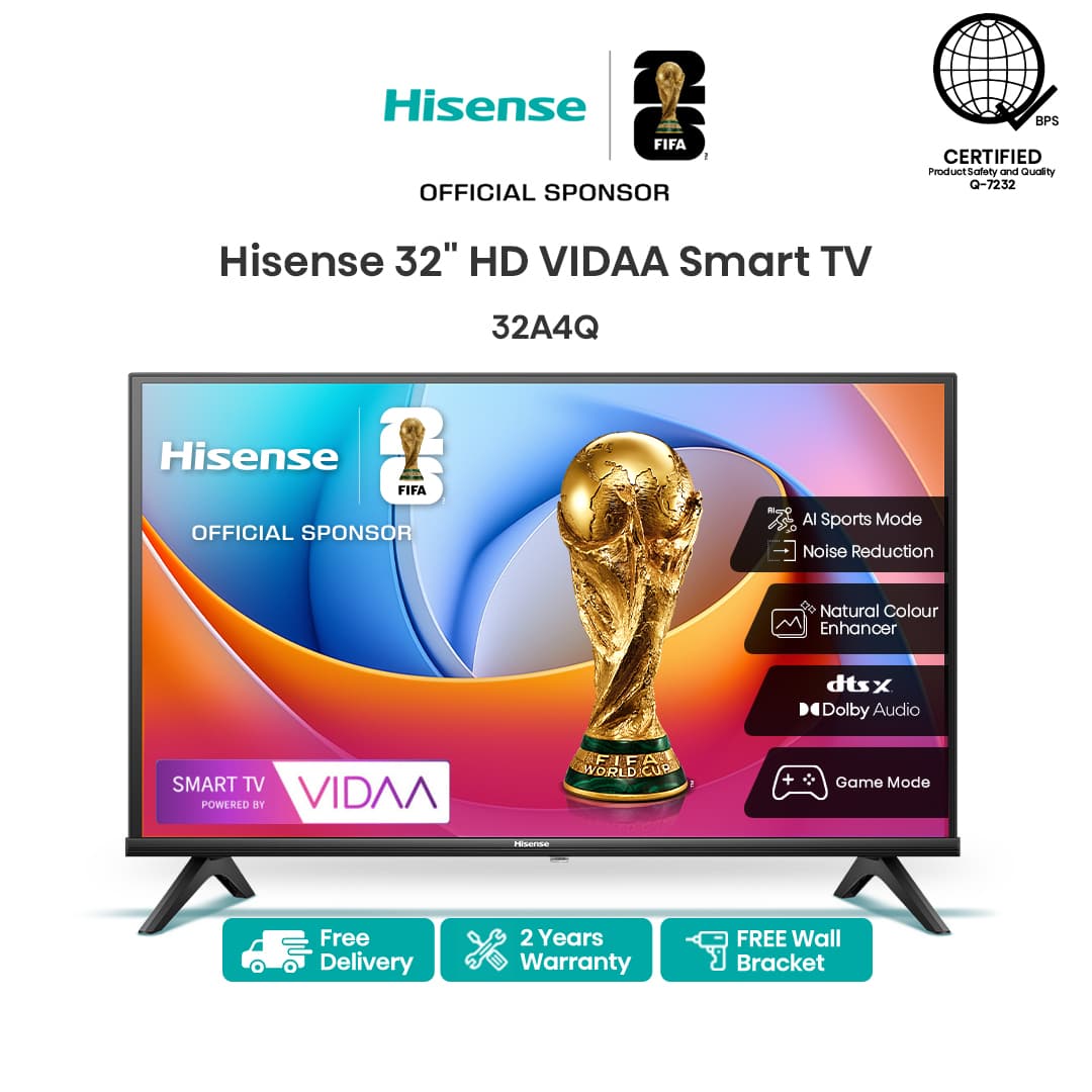 Hisense 32 inches HD VIDAA Smart TV (32A4Q) with Wall Bracket