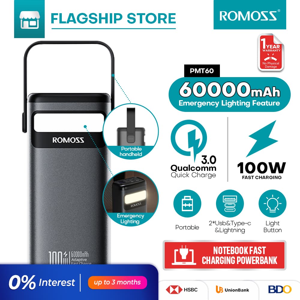 Romoss 40000mAh/60000mAh powerbank PEA40S/PMT60 Laptop PowerBank 65Watts Type-C Quick Charge Original Power Bank Outdoor Mobile Power Supply&Large Capacity Power Bank