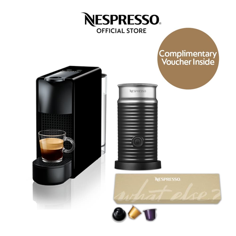 Nespresso Essenza Mini Black Coffee Machine & Aeroccino 3 Black Milk Frother Bundle with Coffee Capsules