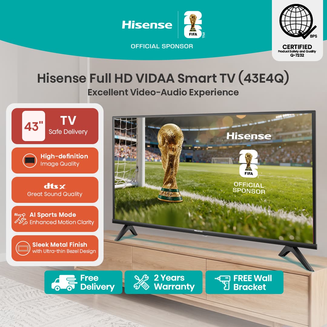Hisense 40/43 inches Full HD VIDAA Smart TV (E4Q) + Free Wall Bracket
