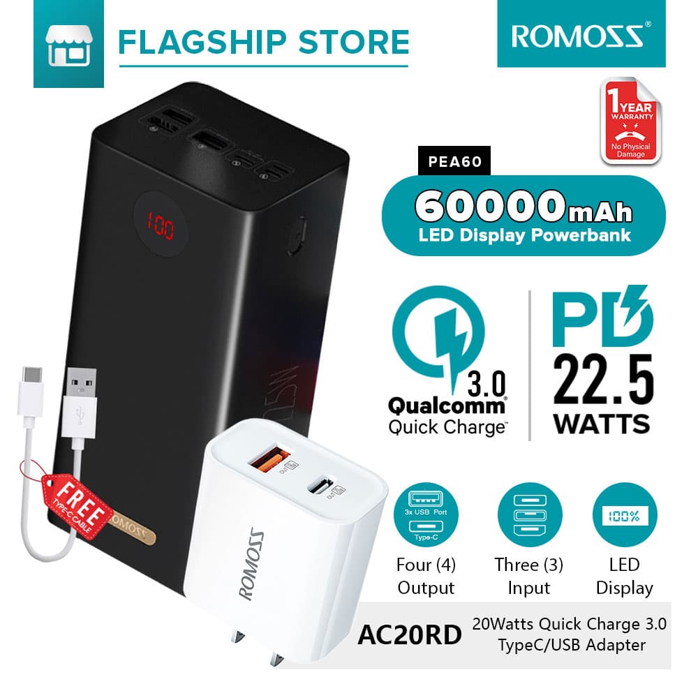 Romoss PEA60 60000mAh Quick Charge Power Bank 22.5W PD QC 3.0 Two-way Fast Charging Powerbank Outdoor power supply Type-C