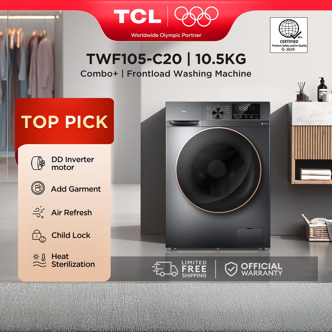 TCL 10.5KG Inverter Front Load Washing Machine - TWF105-C20