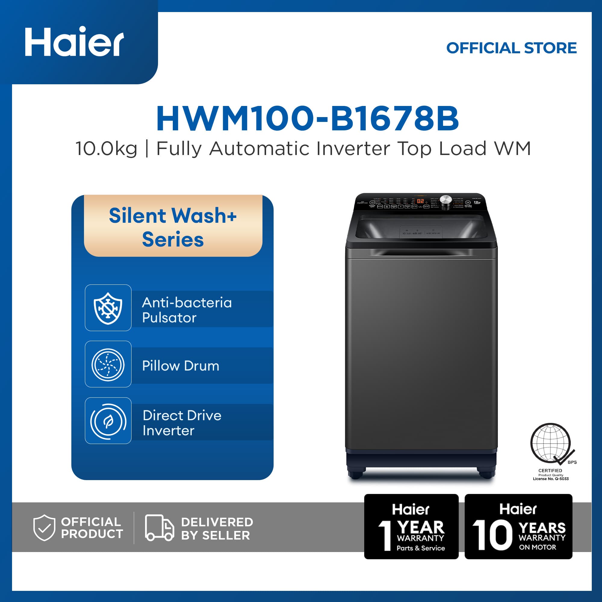 Haier HWM100-B1678B 10kg Silent Wash Fully Automatic Inverter Top Load Washing Machine (Black)