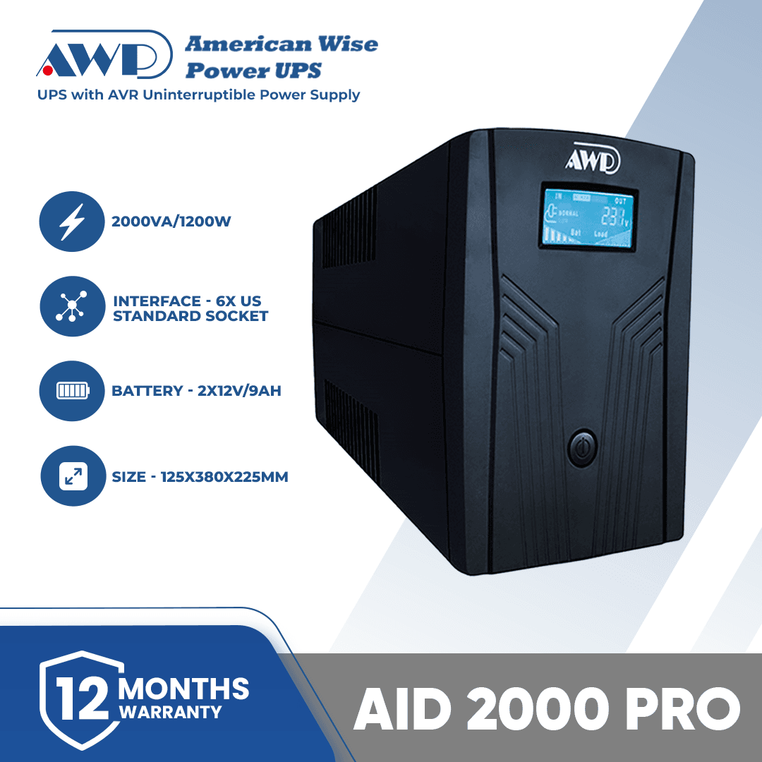 AWP AID2000 Pro Aide Pro LCD 1200W-2000VA UPS with AVR Uninterruptible Power Supply (6 Sockets) - Power Backup for Computer, Laptop, TVs, Routers, Printers, CCTV and Appliances