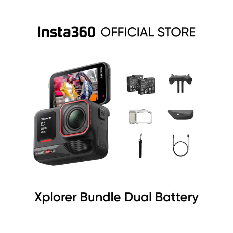 Insta360 Ace Pro 2 Dual Battery Xplorer Bundle - 8K Waterproof Action Camera Co-Engineered with Leica, 1/1.3" Sensor, Dual AI Chip, Leading Low Light, Superior Audio, Flip Screen & AI Editing for Vlogs, Motorcycling & More