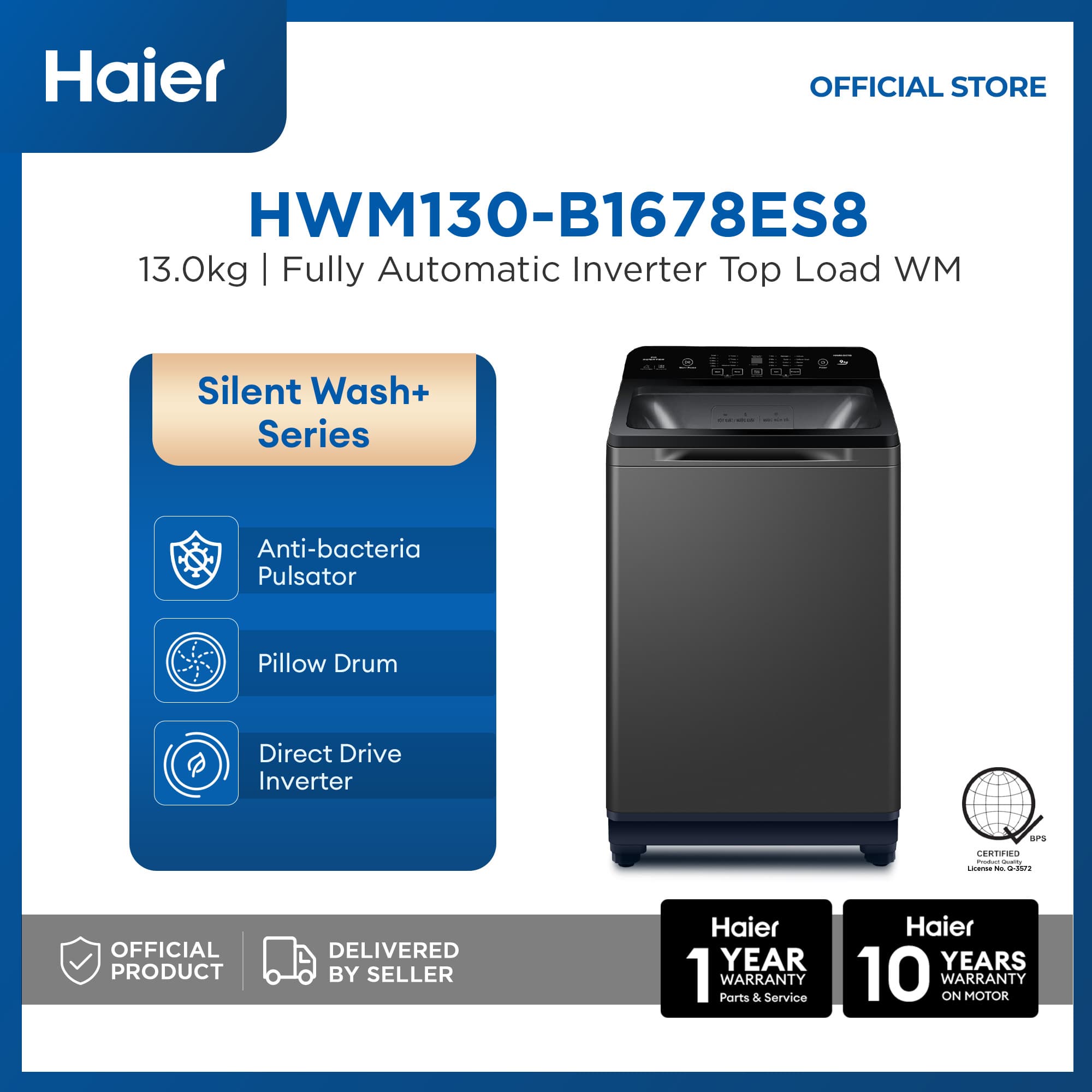 Haier HWM130-B1678ES8 13kg Silent Wash Fully Automatic Inverter Top Load Washing Machine (Black)