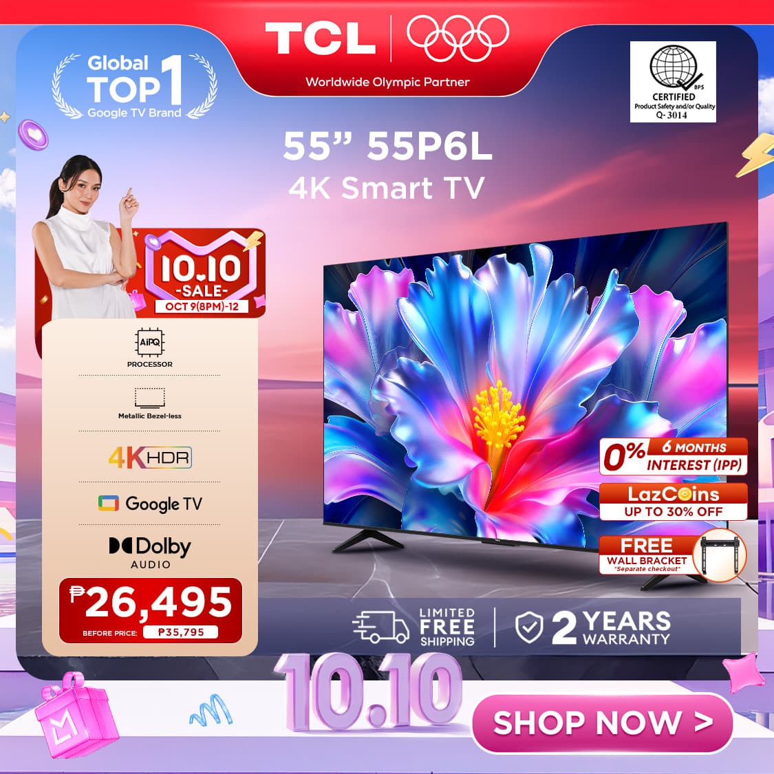 TCL P6L Series 4K HDR TV - 55/65/75 inch