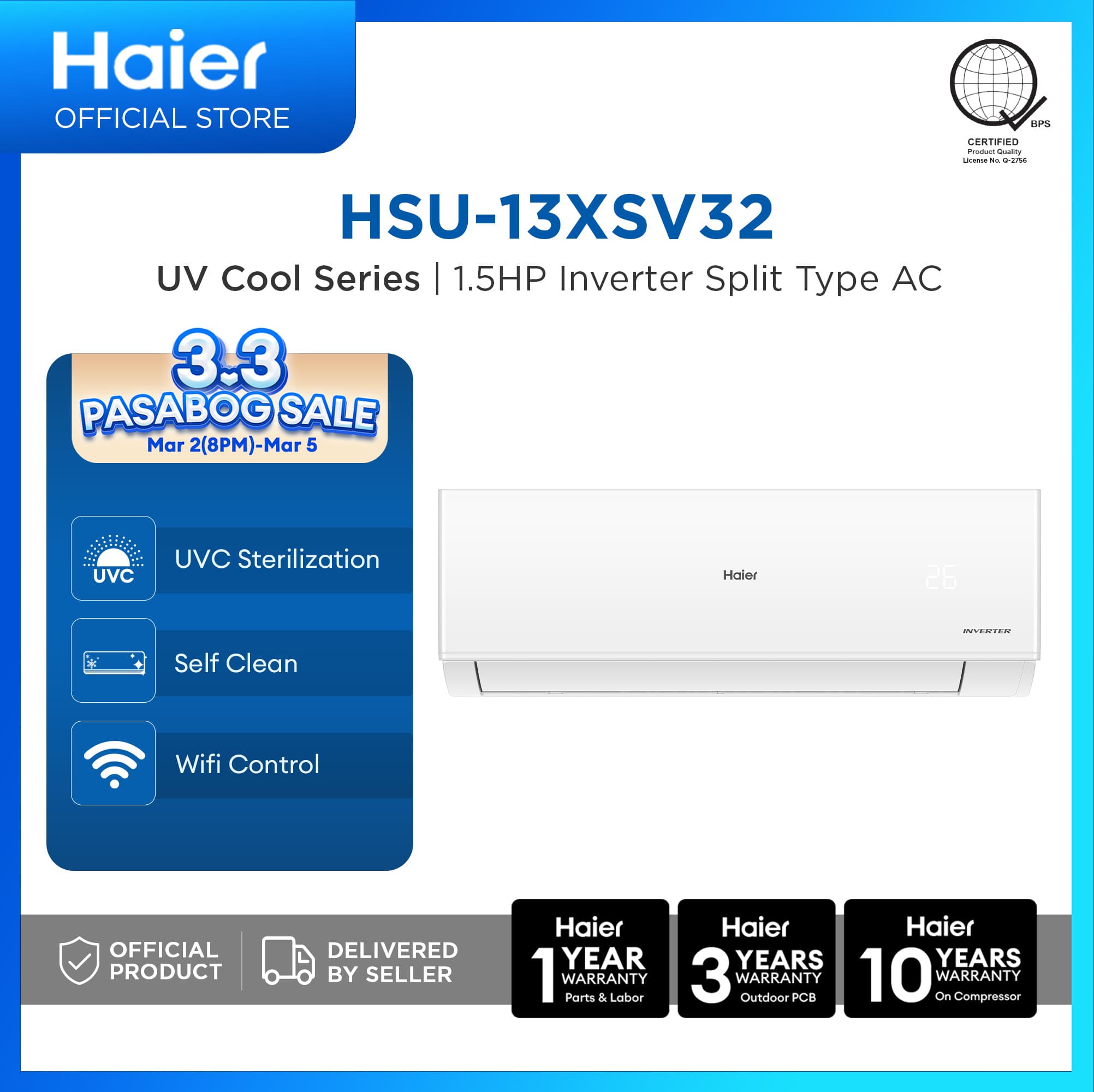 Haier HSU-13XSV32 1.5 HP UV Cool Inverter Split Type Aircon with UV Sterilization and Self Clean