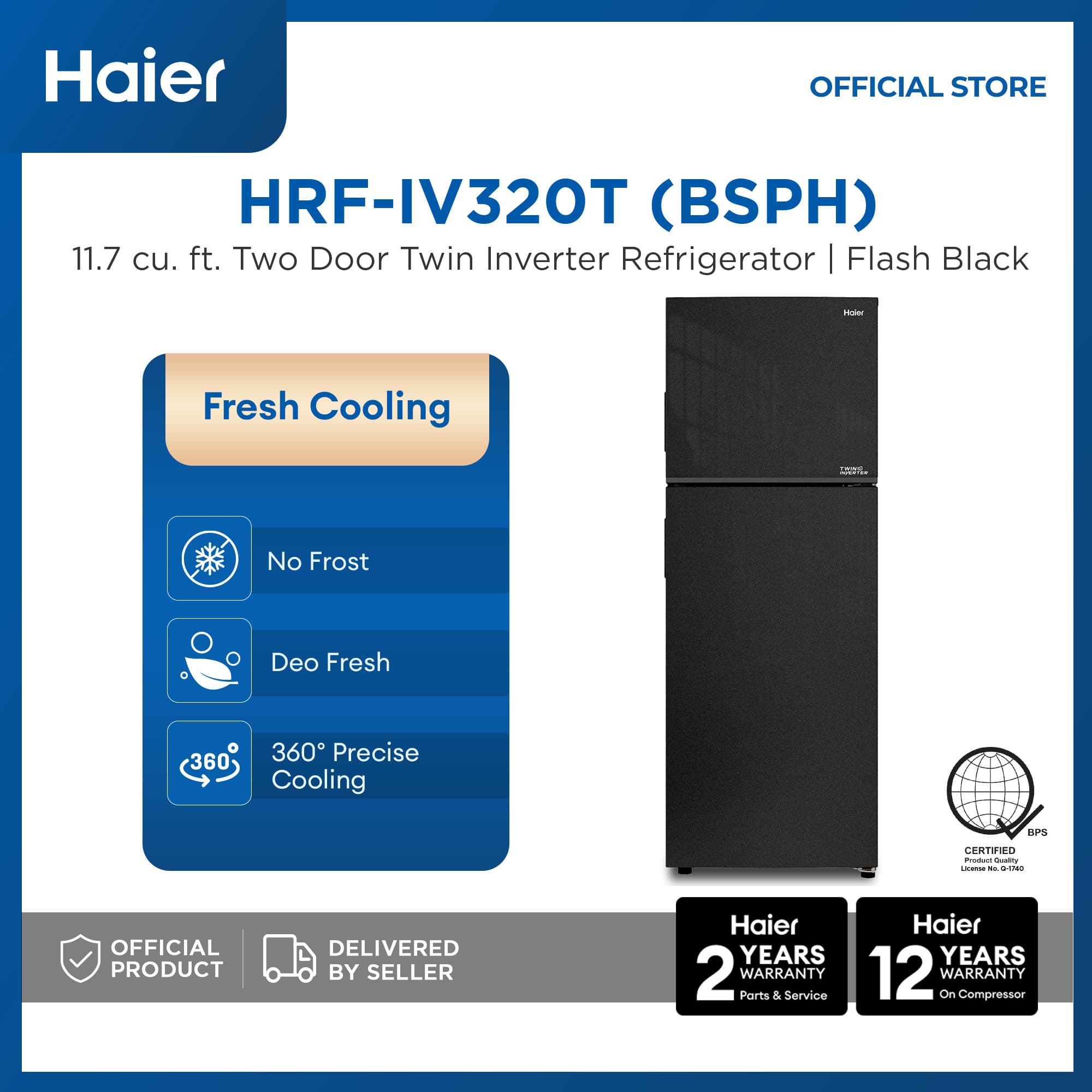 Haier HRF-IV320T (BSPH) 11.7 cu.ft./333L Fresh Cooling No Frost Twin Inverter Two Door Refrigerator (Flash Black)