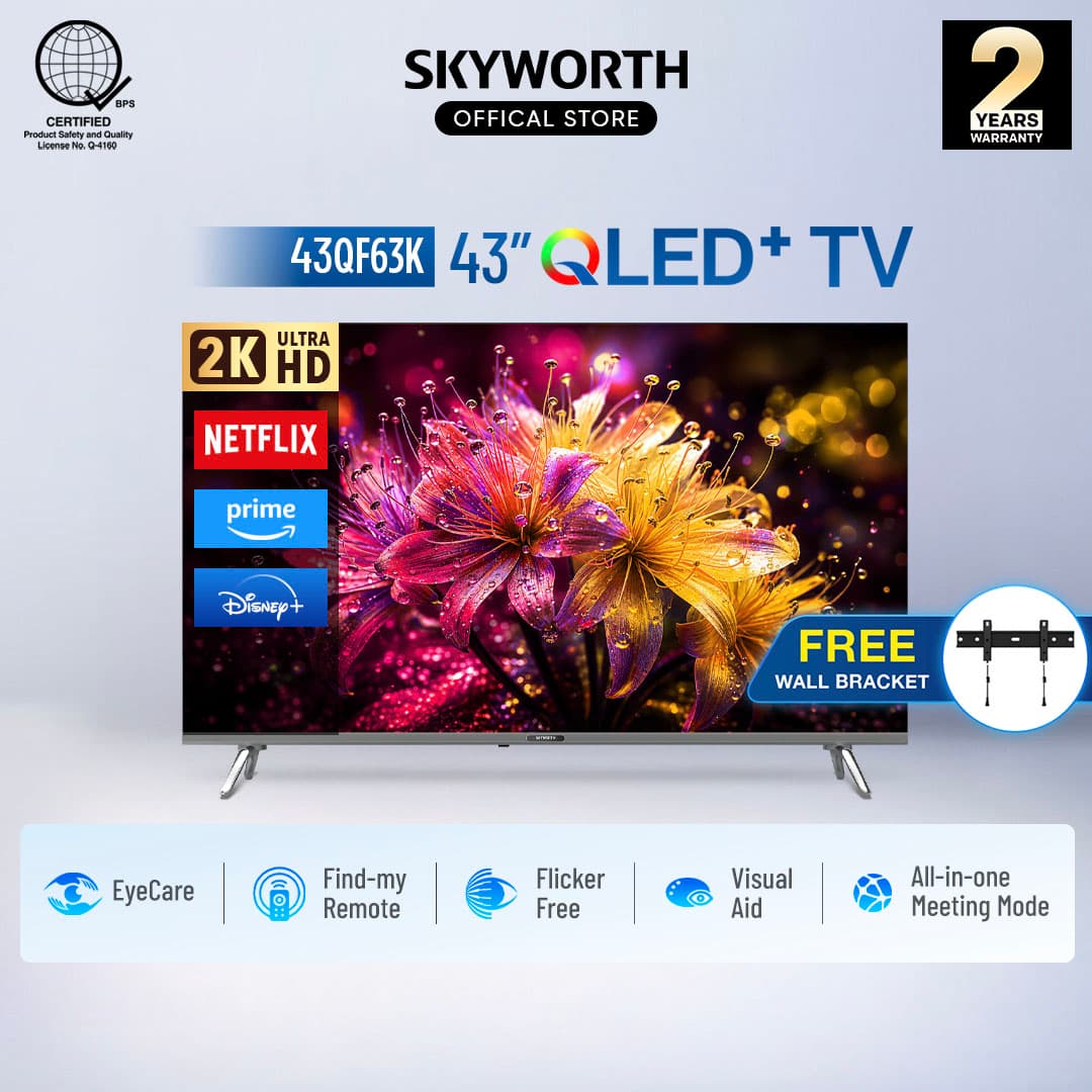 Skyworth 43 Inch 2K QLED Google TV, Dolby Audio, HDR10, Netflix, Youtube (43QF63K)