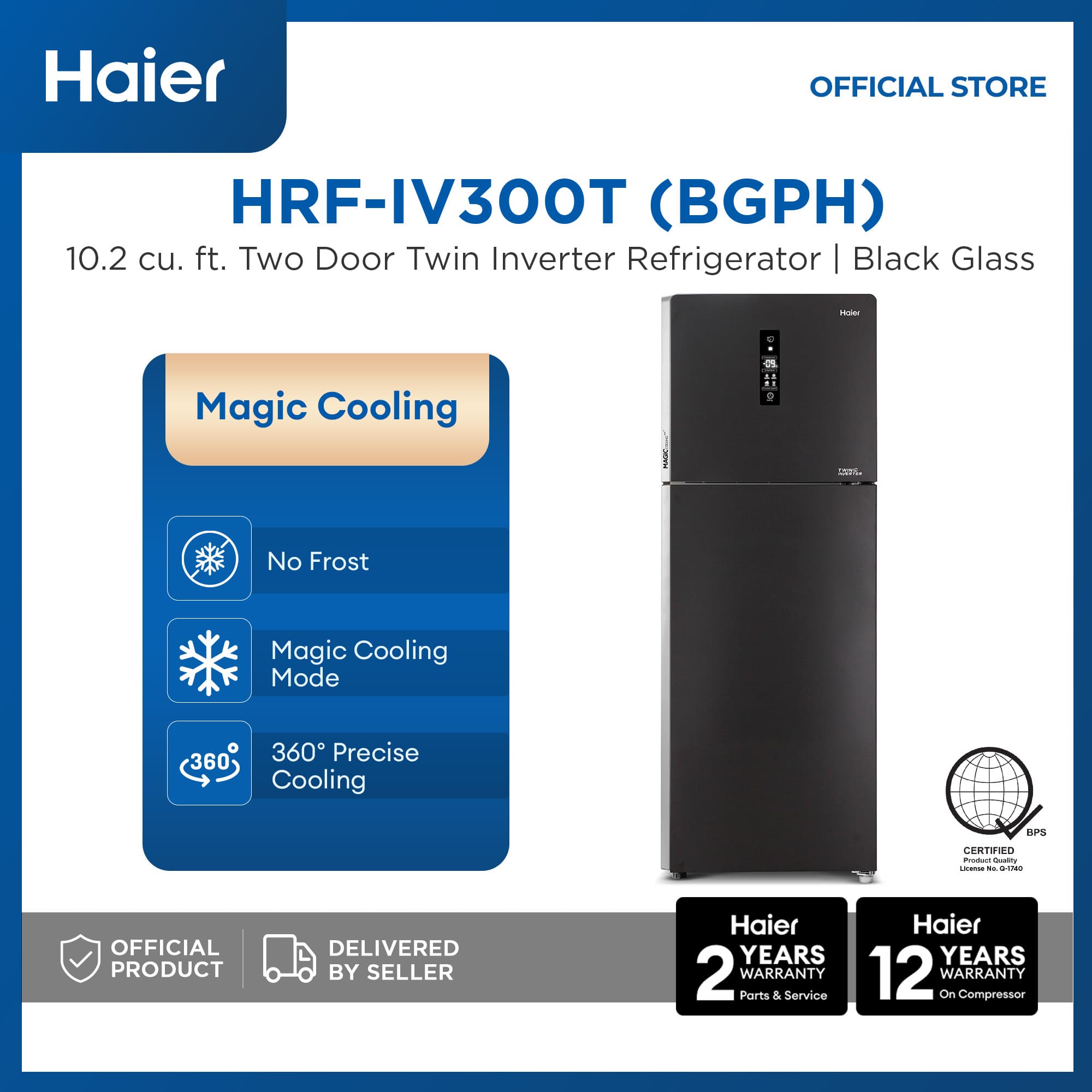 Haier HRF-IV300T (BGPH) 10.2 cu.ft./291L Magic Cooling No Frost Twin Inverter Two Door Refrigerator (Black Glass)