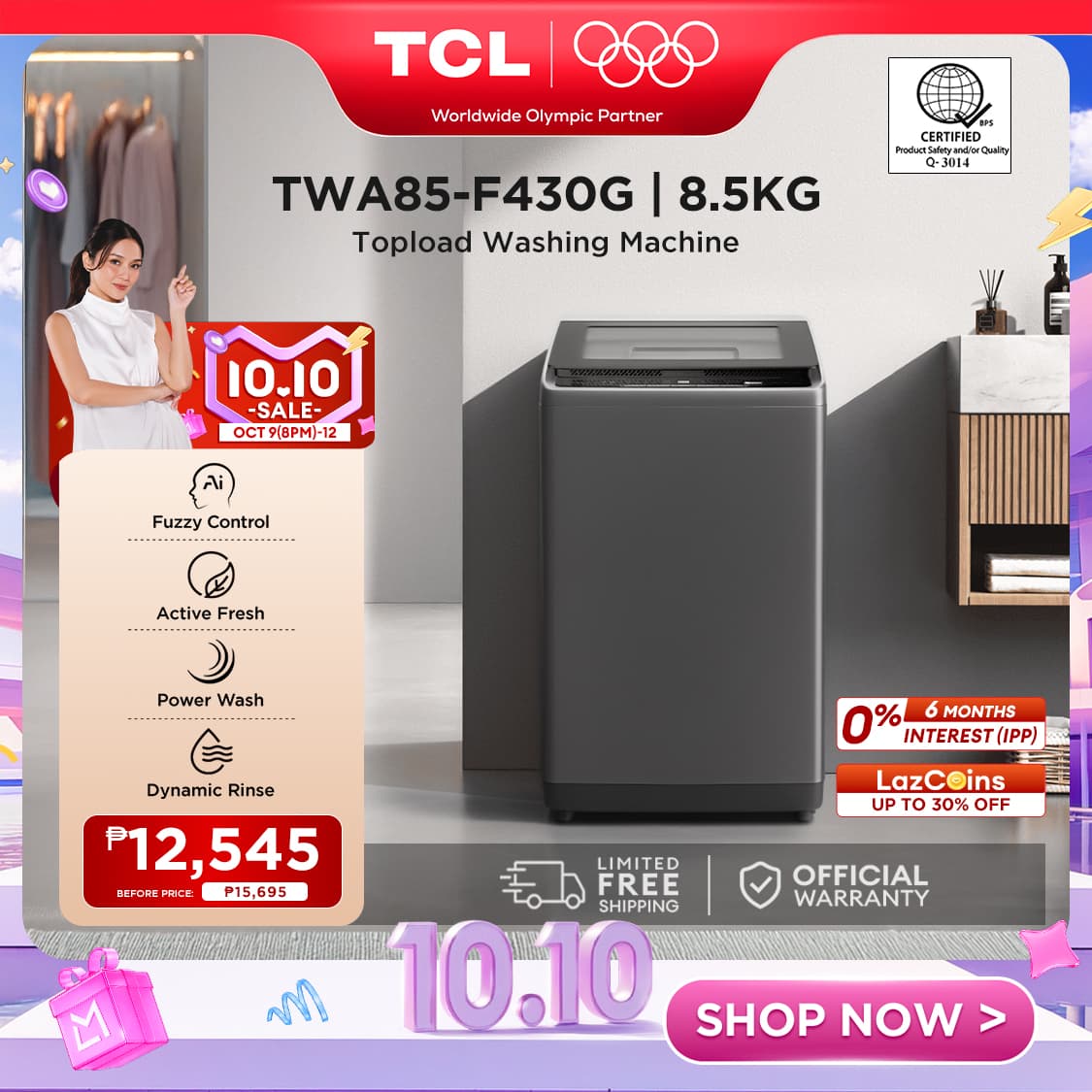 TCL TWA85-F430G 8.5kg Top Load Washing Machine