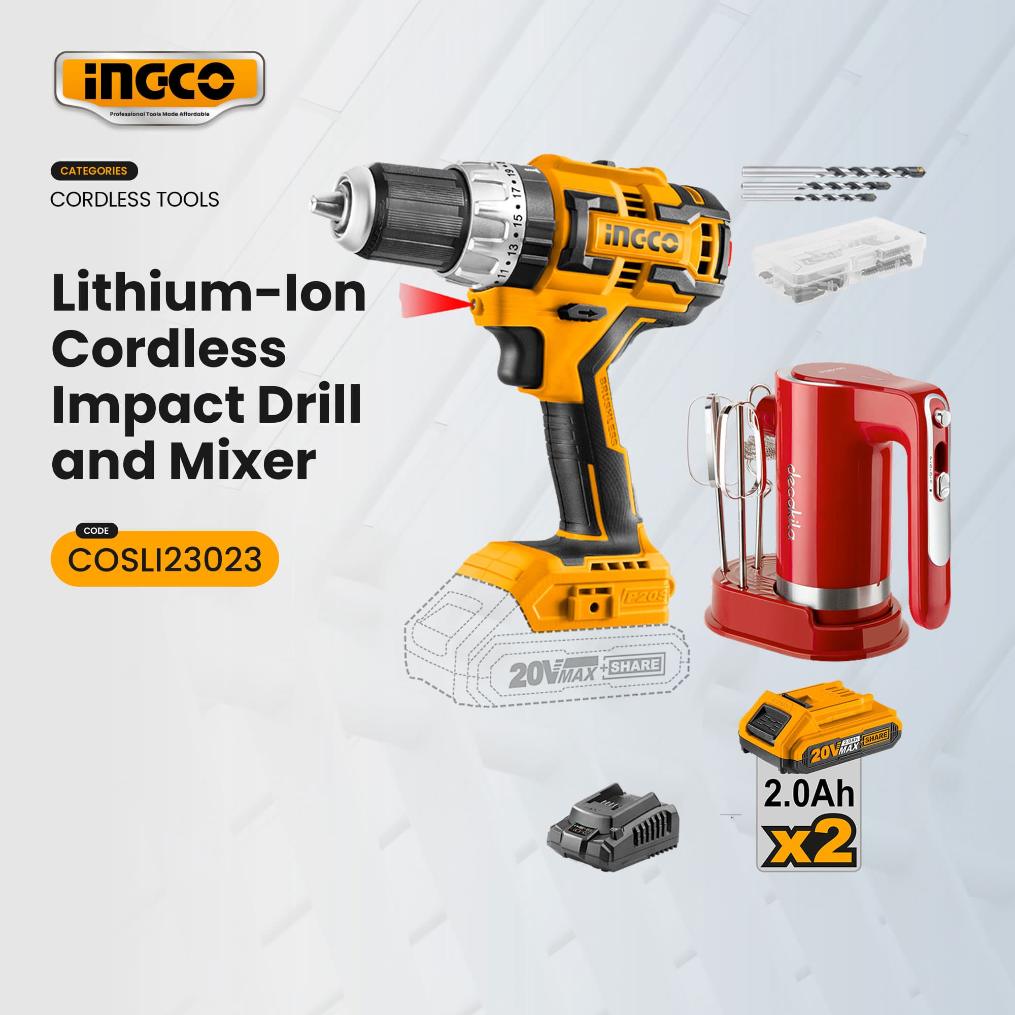 INGCO Cordless 2PCS Combo Kit Brushless Impact Drill 60NM with Mixer Lithium-Ion 45NM Torque ICPT