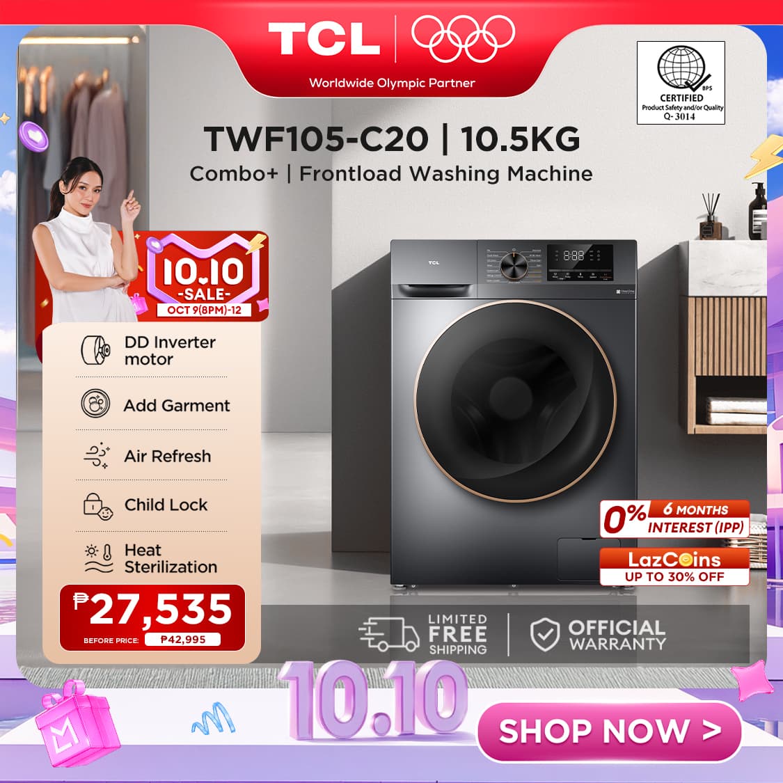 TCL 10.5KG Inverter Front Load Washing Machine - TWF105-C20