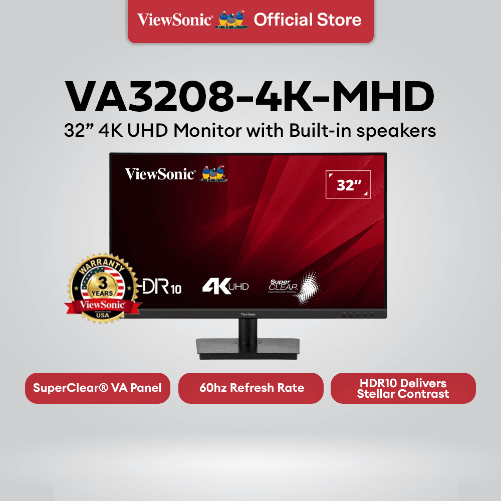 ViewSonic VA3208-4K-MHD 32" 4K UHD SuperClear® VA Monitor, 60Hz, 4ms, HDR10, Built-in Speakers
