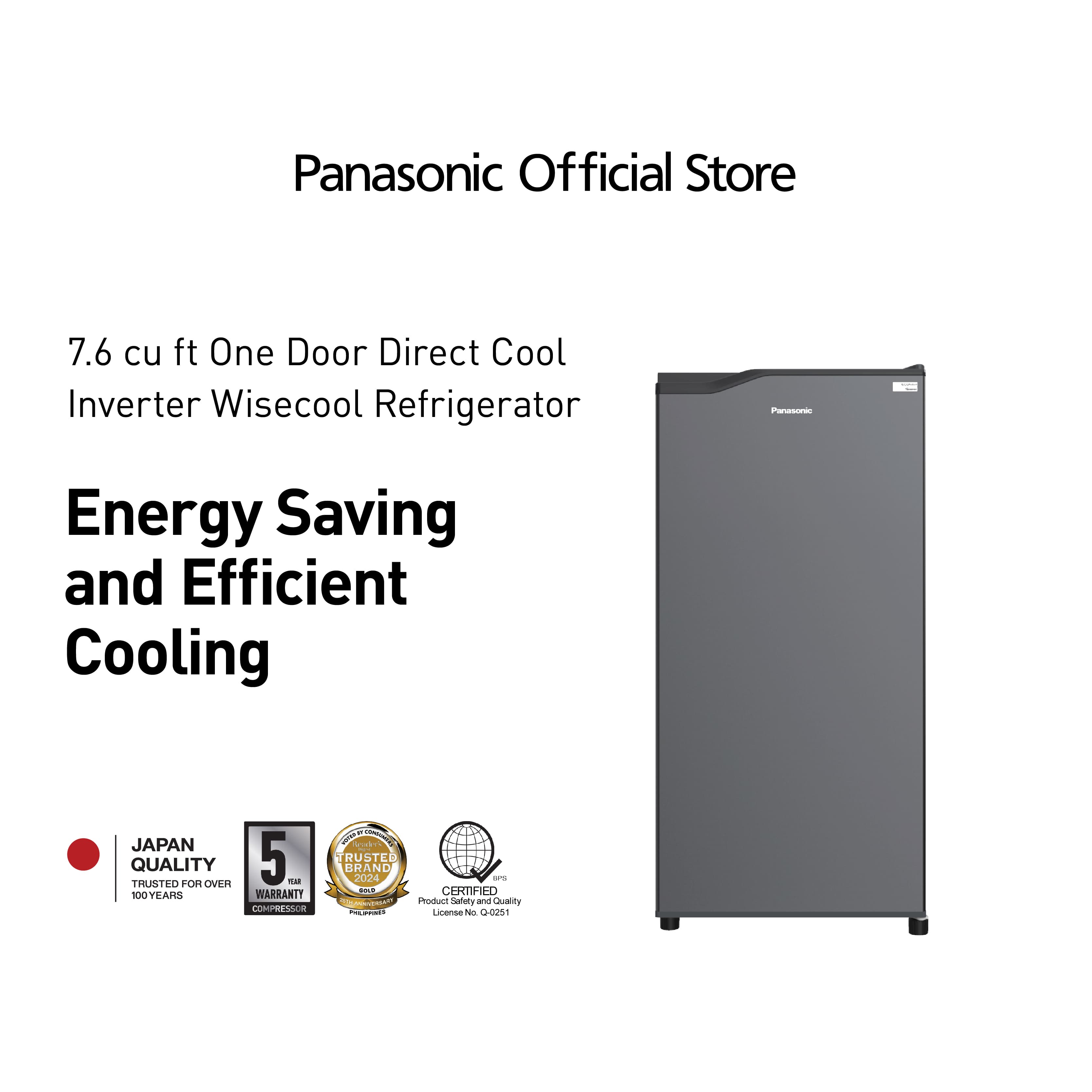 Panasonic NR-AQ211VS 7.6 cu. ft. 1 Door Direct Cool Inverter Refrigerator with Econavi Sensors.