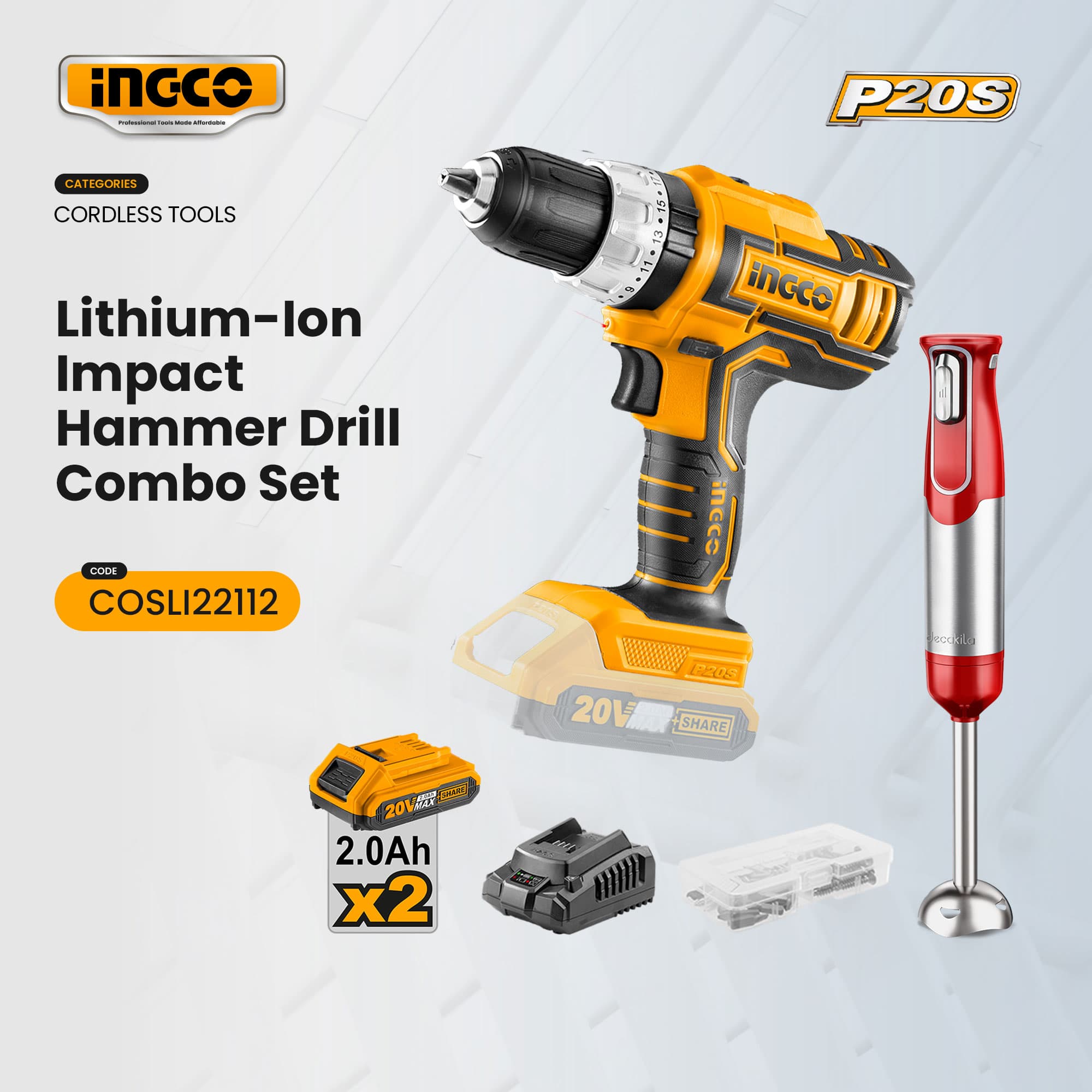 INGCO Lithium-Ion Cordless Impact Hammer Drill 20V 13mm