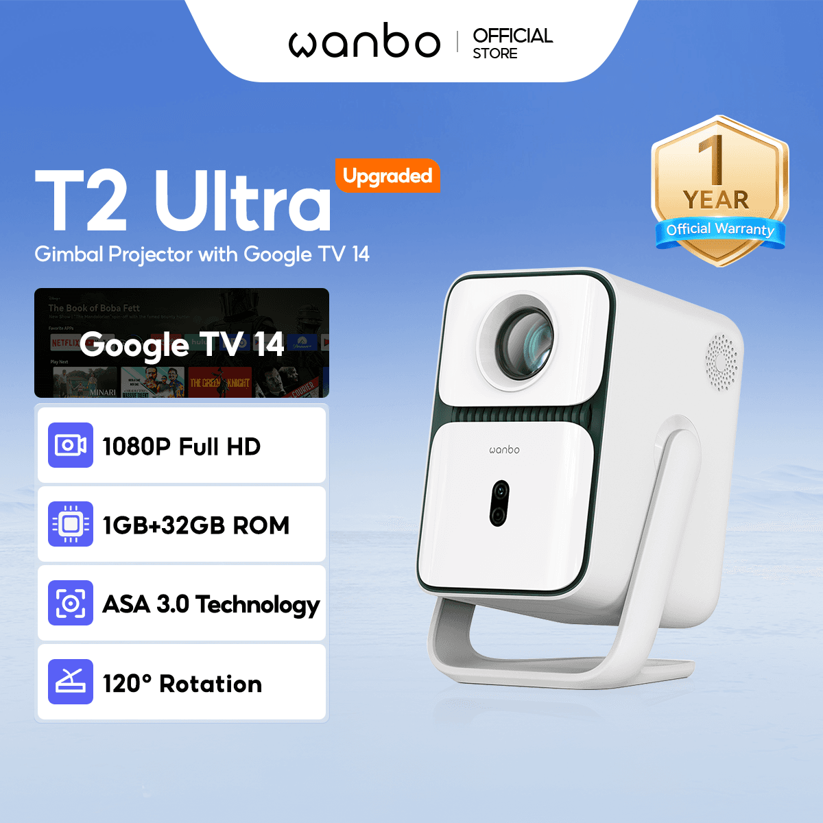 [Upgraded] Wanbo T2 Ultra Gimbal Projector Google TV 14 Free Angle 1080P FHD Auto Focus Home Cinema